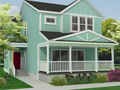 A two-story home painted light blue; there is a wide porch spanning the front of the home, with the front door off to the side. A large window is on the first floor looking out on the porch. Two windows on the front of the home look out from the second floor.