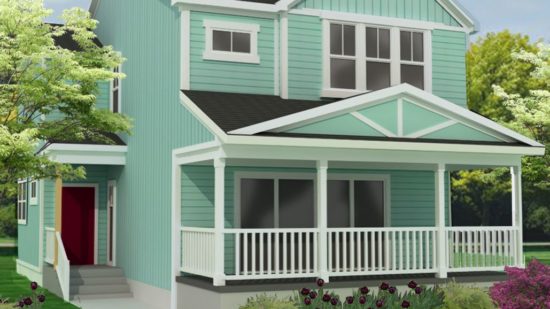 A two-story home painted light blue; there is a wide porch spanning the front of the home, with the front door off to the side. A large window is on the first floor looking out on the porch. Two windows on the front of the home look out from the second floor.