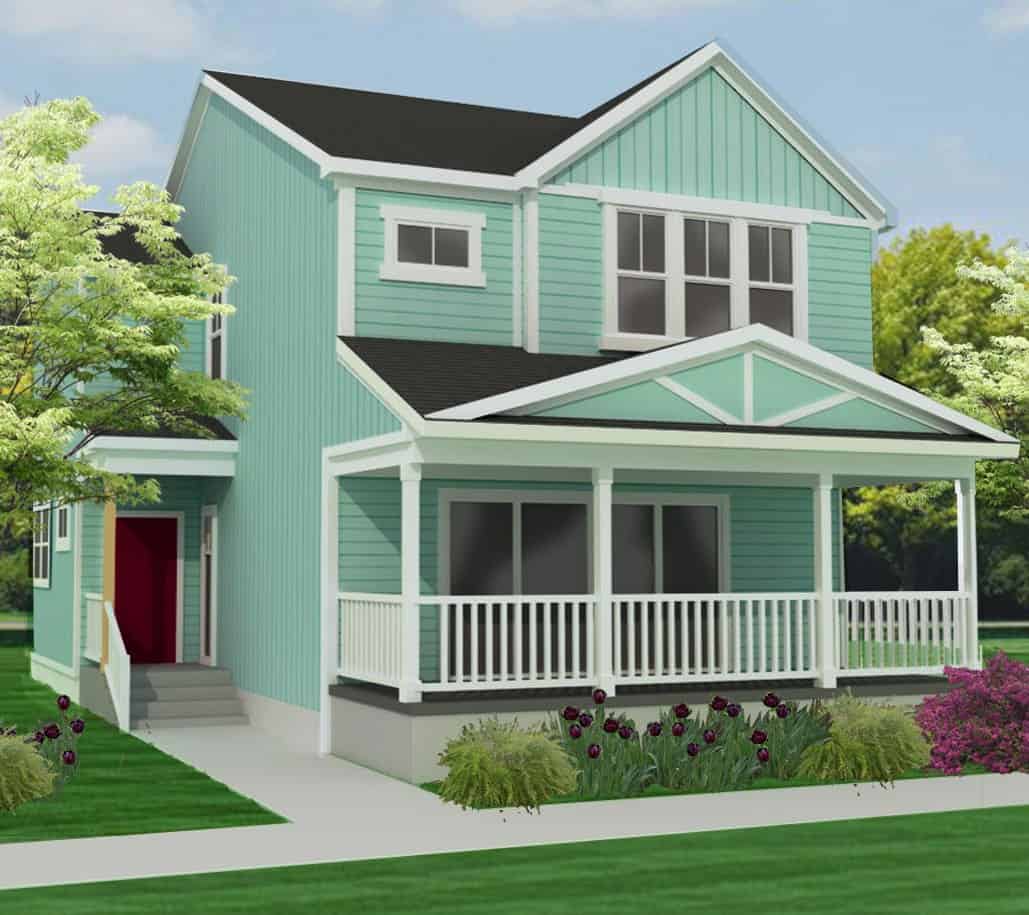 A two-story home painted light blue; there is a wide porch spanning the front of the home, with the front door off to the side. A large window is on the first floor looking out on the porch. Two windows on the front of the home look out from the second floor.