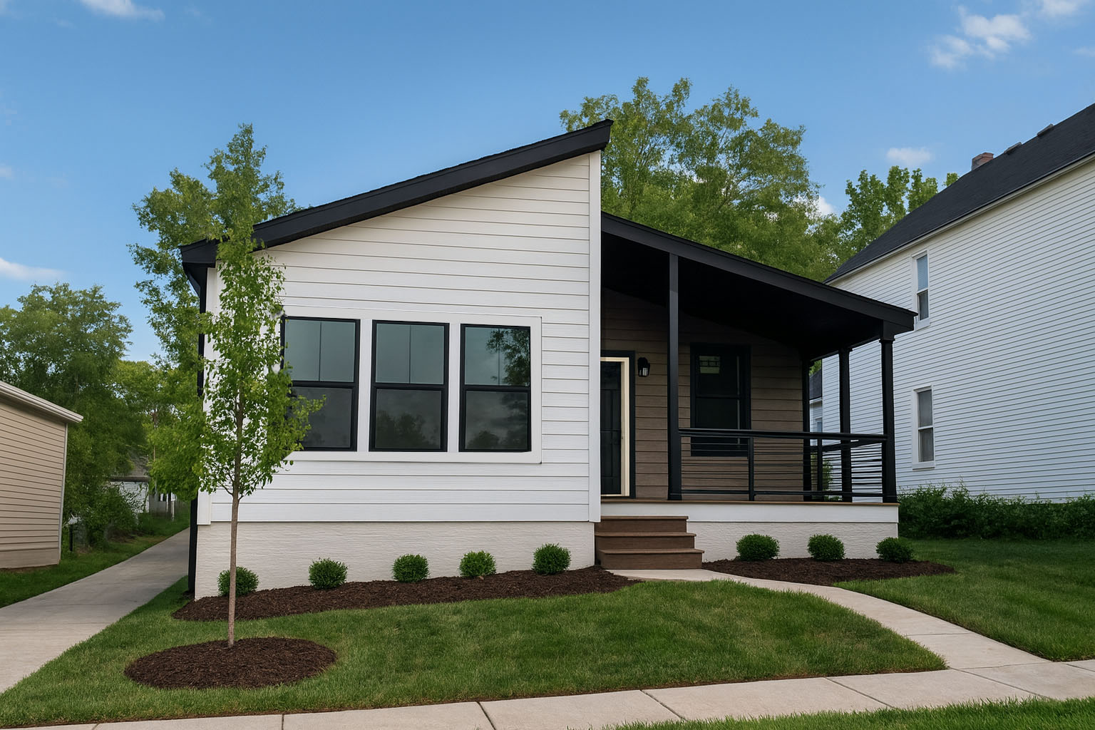 A single story home with white exterior and dark colored trim, a small front porch and several windows.