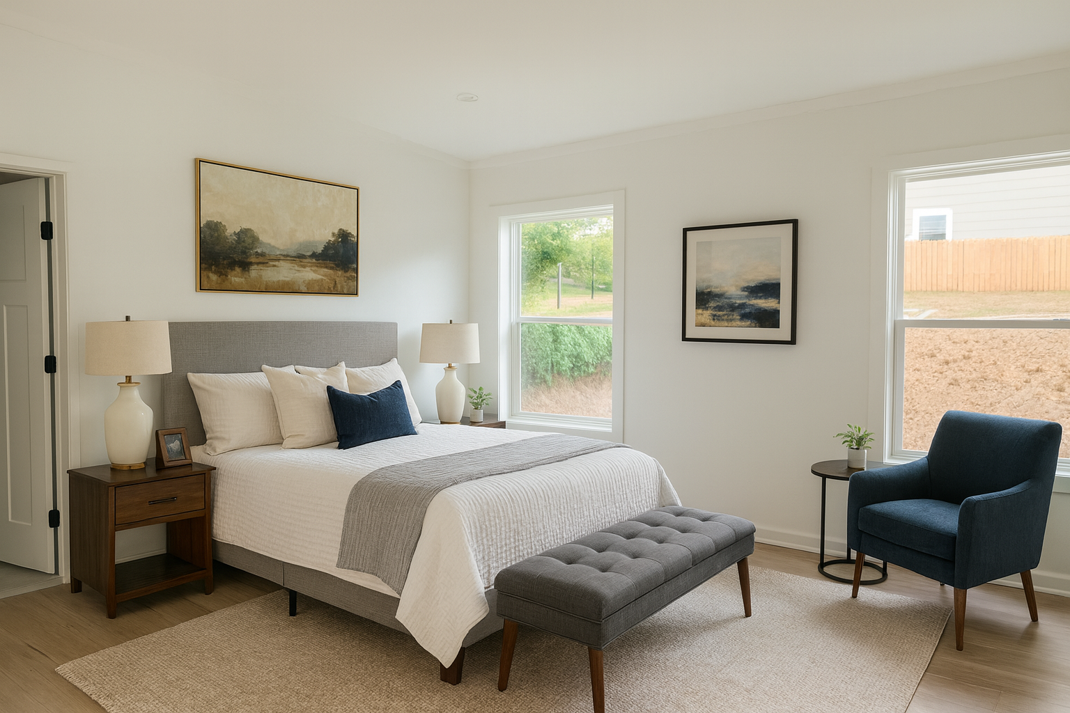 A cozy master bedroom with natural light.