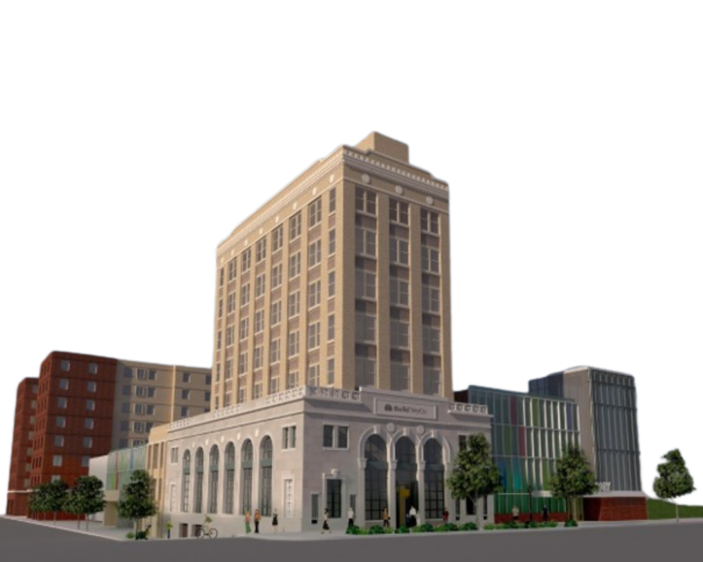 A multistory building in an urban setting with Art Deco details on the exterior.