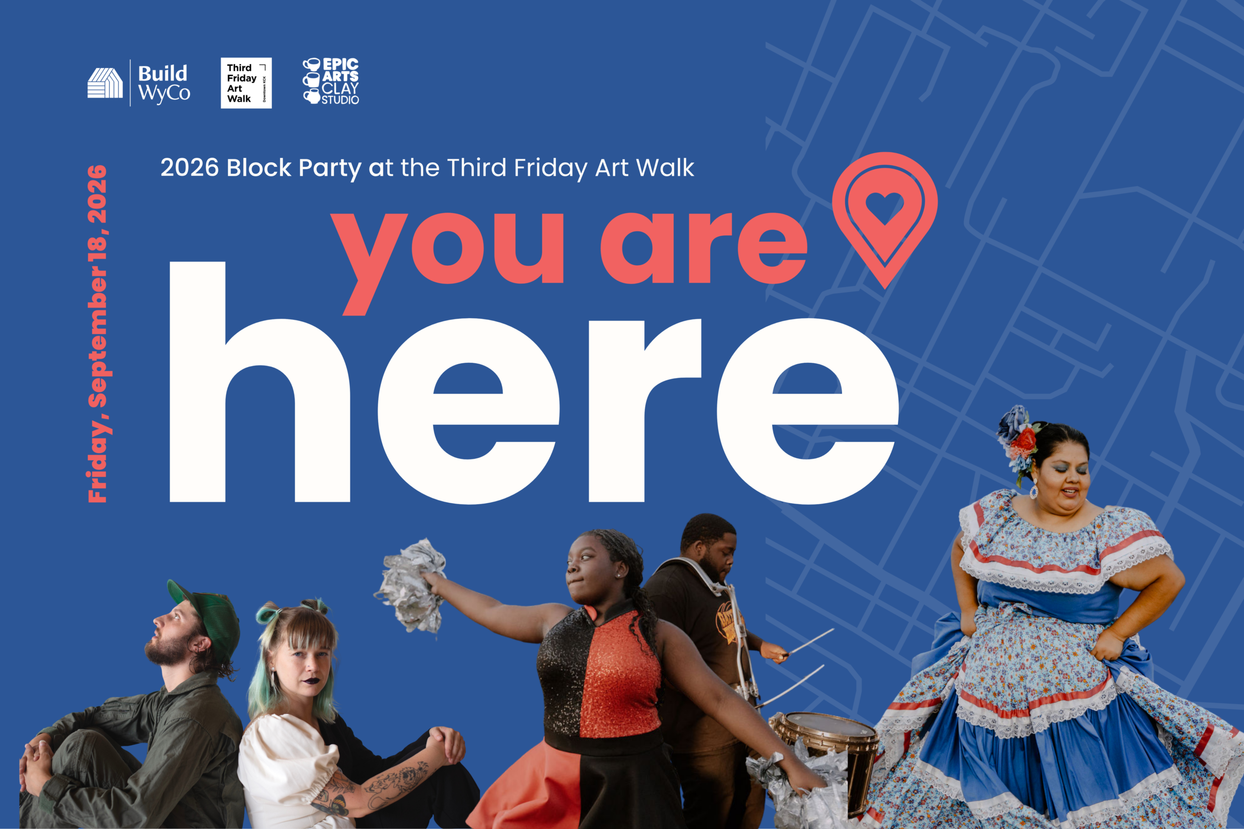 an image of dancers and performers with the words you are here and a location marker with a heart inside it.