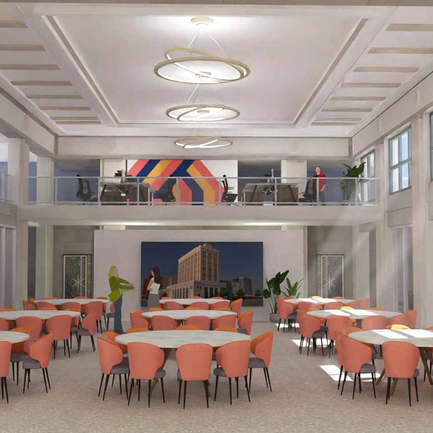 An image of a vibrantly lit conference room with high ceilings and pastel pink chairs.